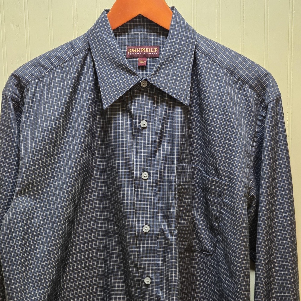 John Phillip Shirt Mens‎ Large Blue Check Silk Cotton Classic Fit Long Sleeve